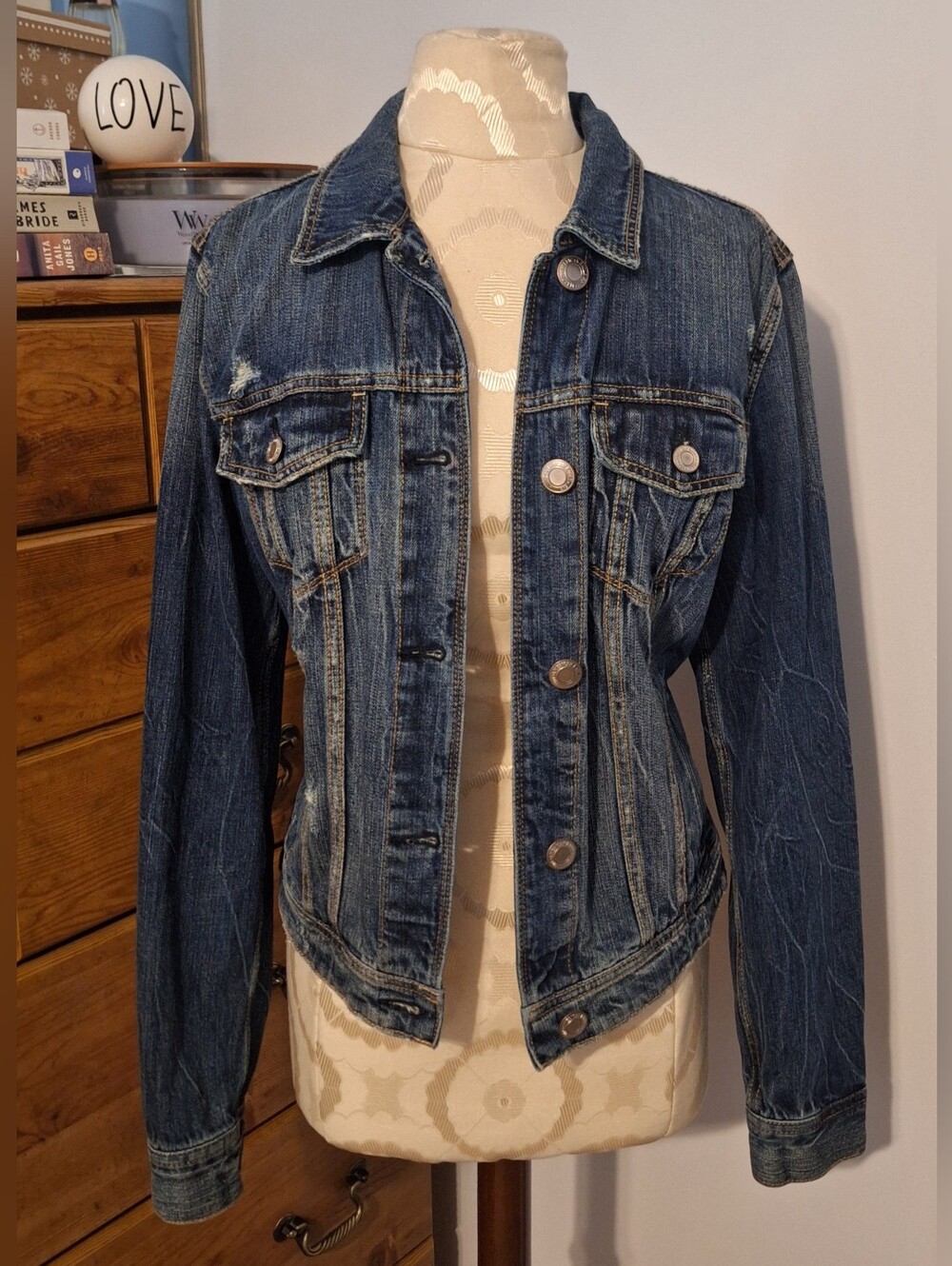 American Eagle Outfitters Distressed Dark Blue Denim Jacket
